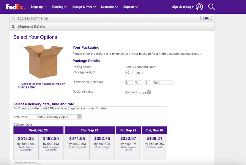 Image of Fedex quote interface